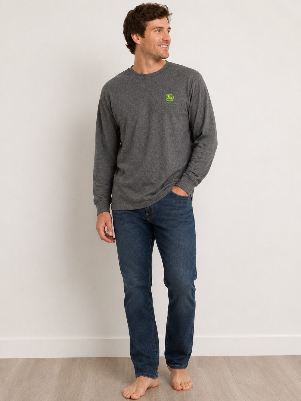LR4407 John Deere Long Sleeve T Shirt Gray Logo Graphic Crew Neck Men's Medium